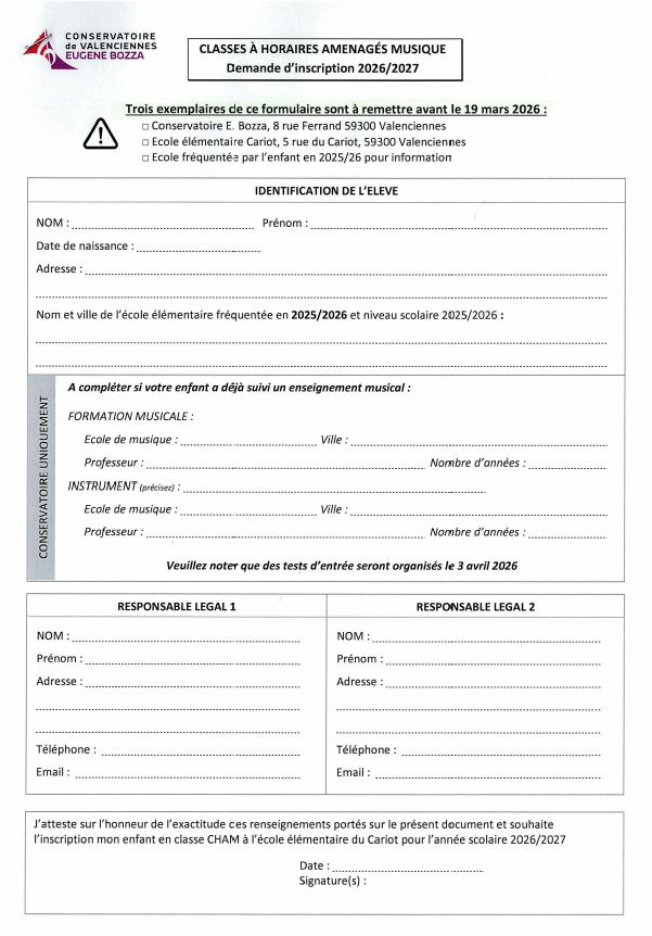 Dossier d'inscription Cariot 2026-2027